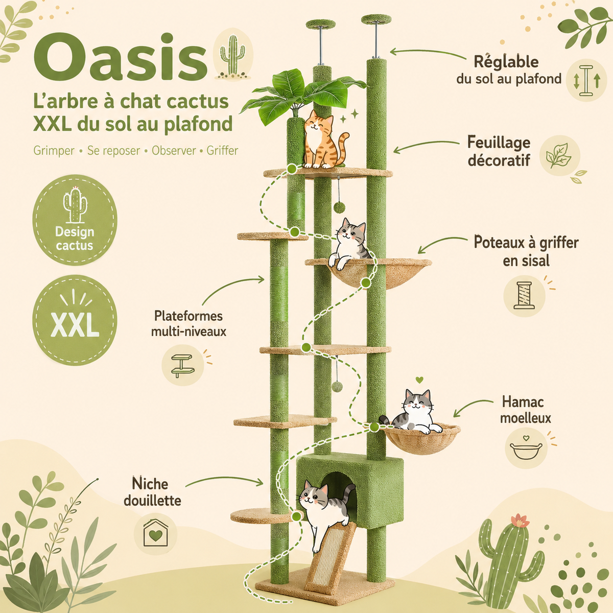 Arbre à chat design XXL cactus du sol au plafond | Niche et hamac | Oasis