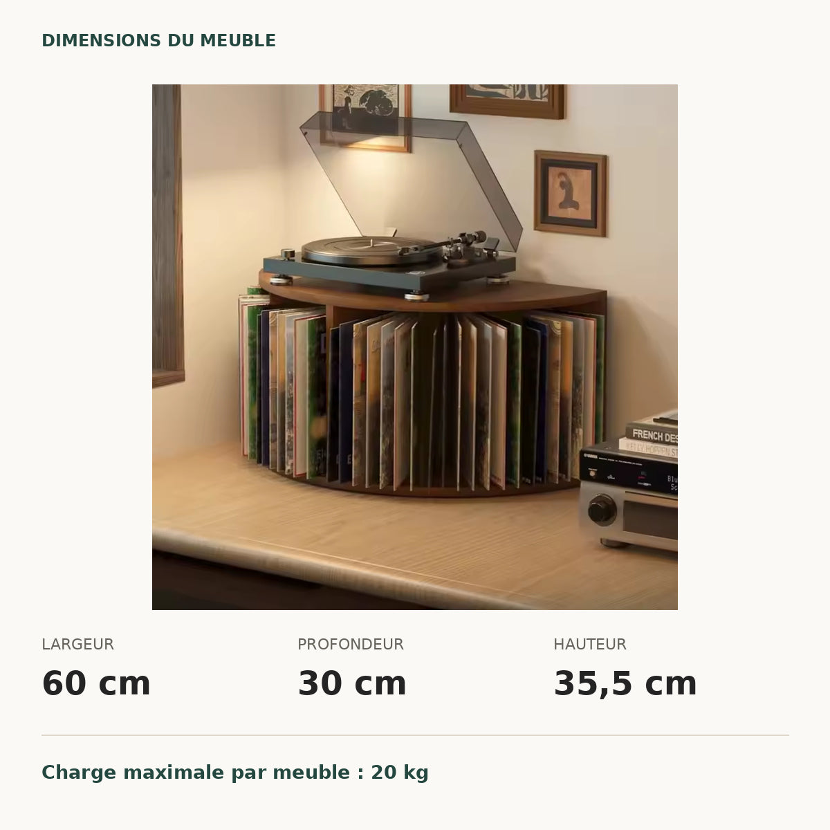 Dimensions du meuble : 60 × 30 × 35,5 cm ; charge maximale 20 kg