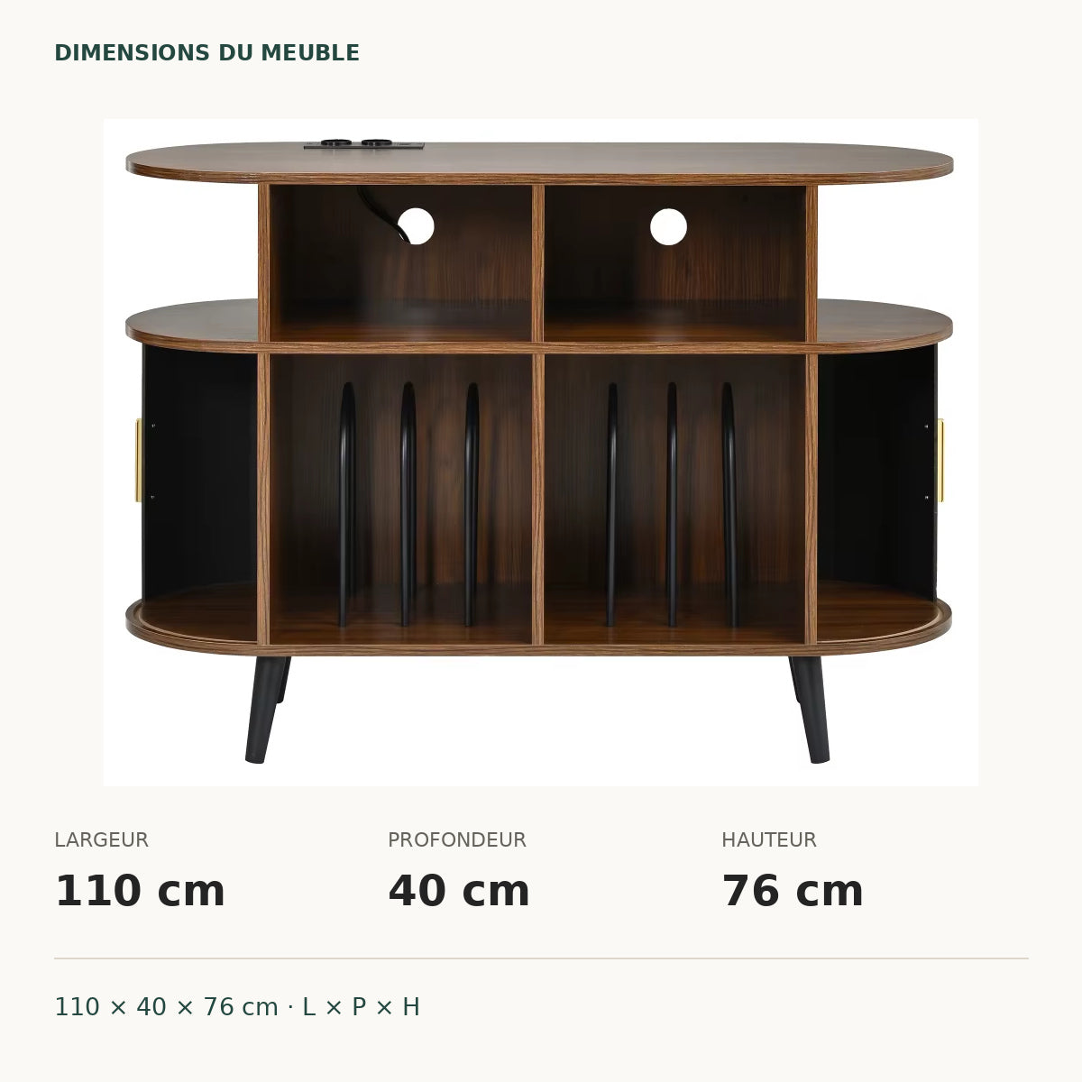 Dimensions du meuble ovale : 110 × 40 × 76 cm