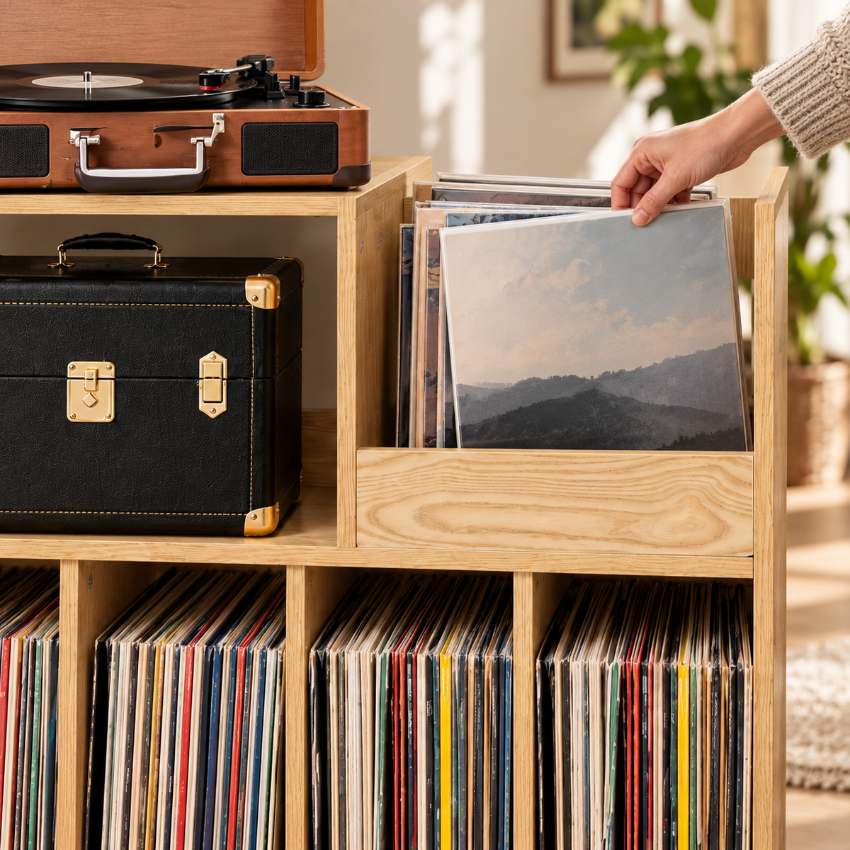 Une pochette choisie dans le bac frontal du meuble vinyle bois clair
