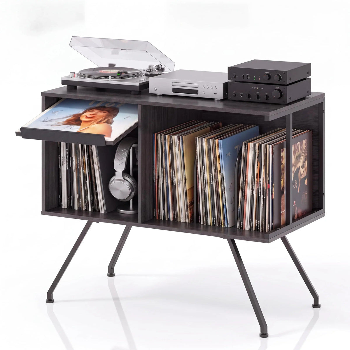 Meuble platine vinyle 80 cm noir — abattant ouvert