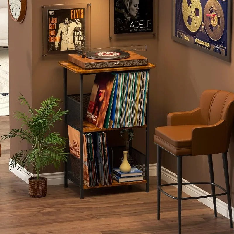 Étagère vinyle industrielle — vue d’ensemble dans le salon