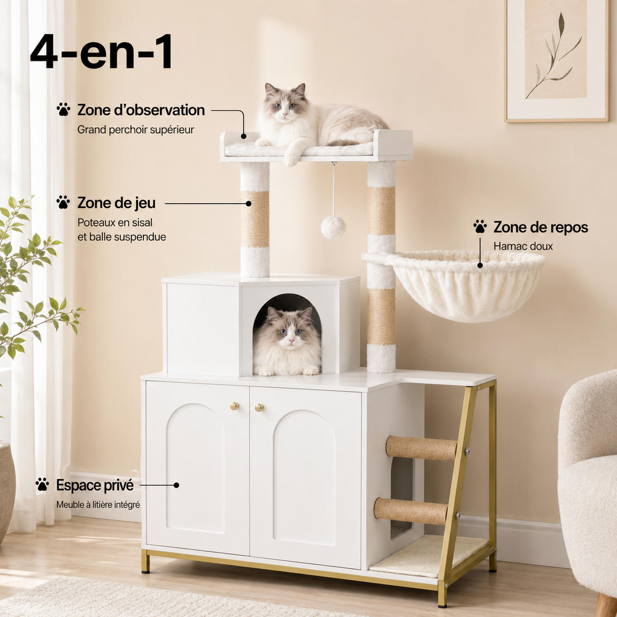 Toutes les fonctions essentielles réunies — Arbre à chat design en bois avec meuble à litière intégré | Modèle 4-en-1 | Alba