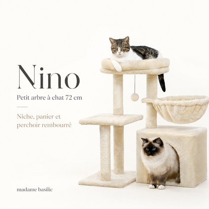 Petit arbre à chat 72 cm | Niche, panier et perchoir rembourré | Nino