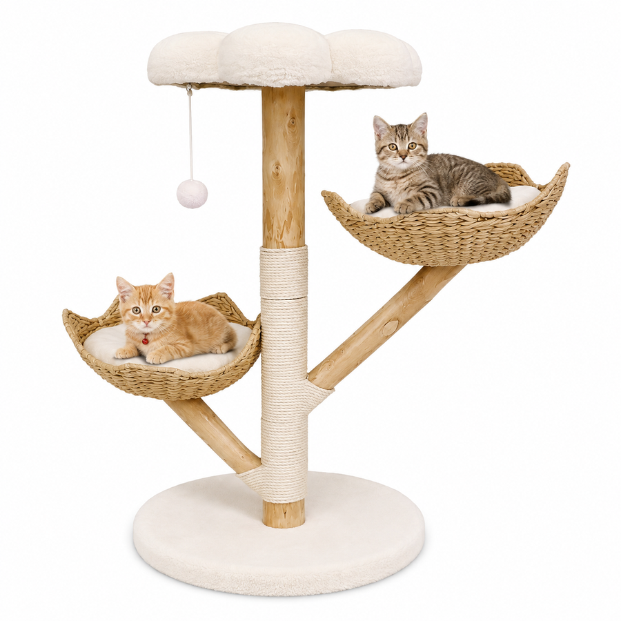 Arbre à chat en bois massif design 110 cm | Coussin et griffoir | Sienna