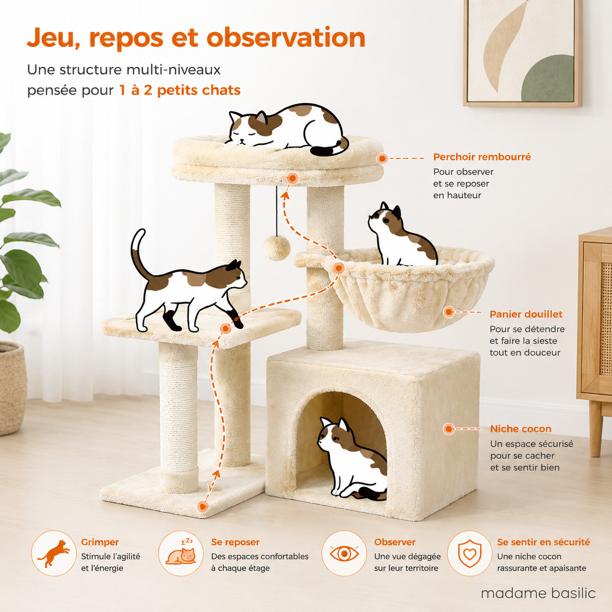 Petit arbre à chat 72 cm | Niche, panier et perchoir rembourré | Nino