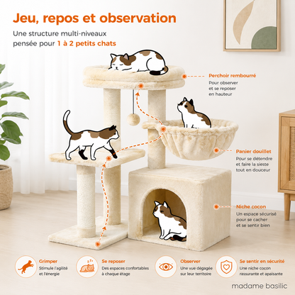 Petit arbre à chat 72 cm | Niche, panier et perchoir rembourré | Nino