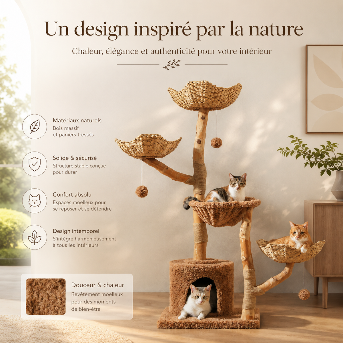 Arbre à chat design en bois floral | Paniers en osier et plateformes rembourrées | Flora