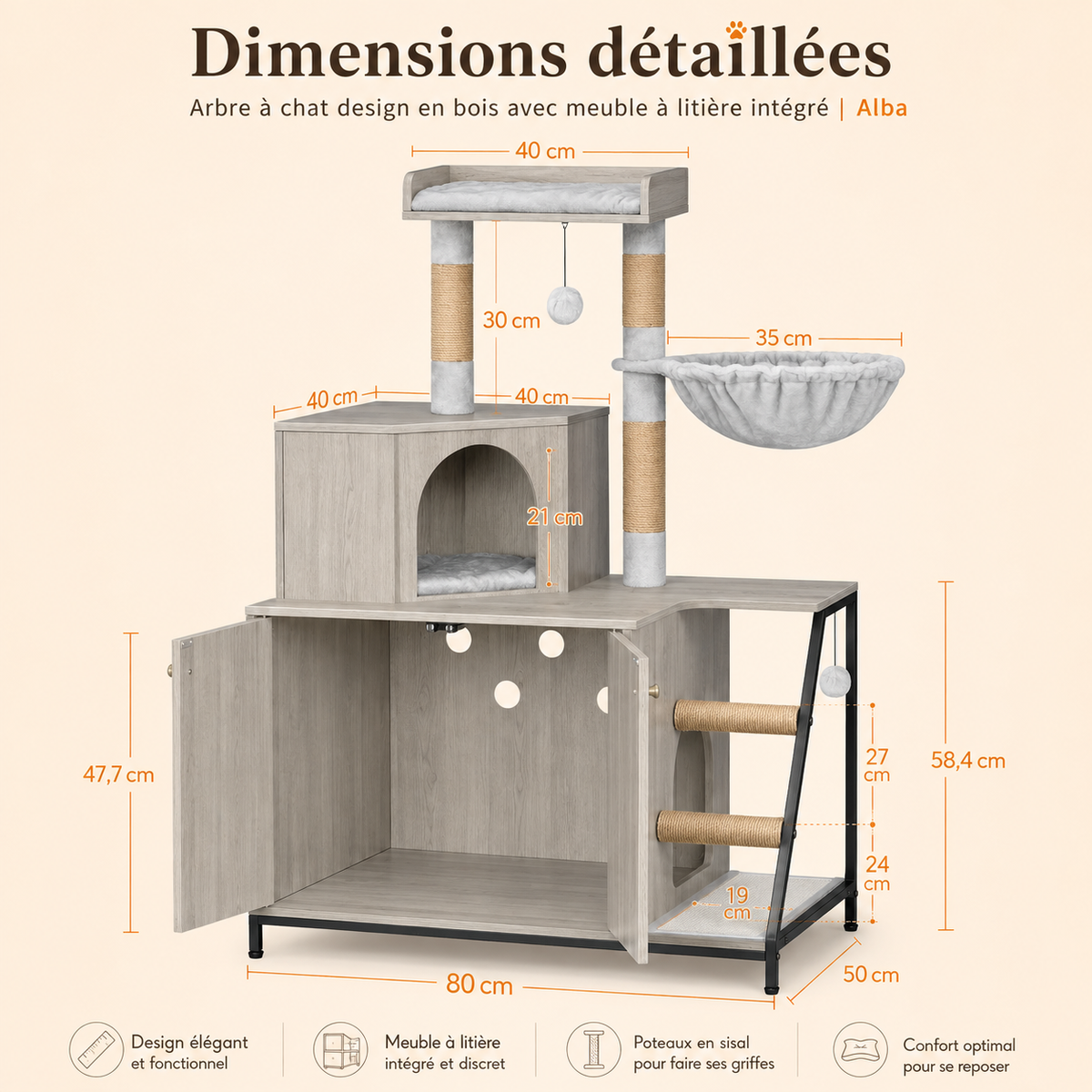 Vérifiez le bac avant de commander — Arbre à chat design en bois avec meuble à litière intégré | Modèle 4-en-1 | Alba