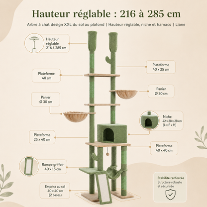 Arbre à chat design XXL du sol au plafond | Hauteur réglable, niche et hamacs | Liane