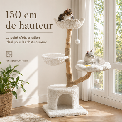 Arbre à chat design en bois floral | Paniers en osier et plateformes rembourrées | Flora