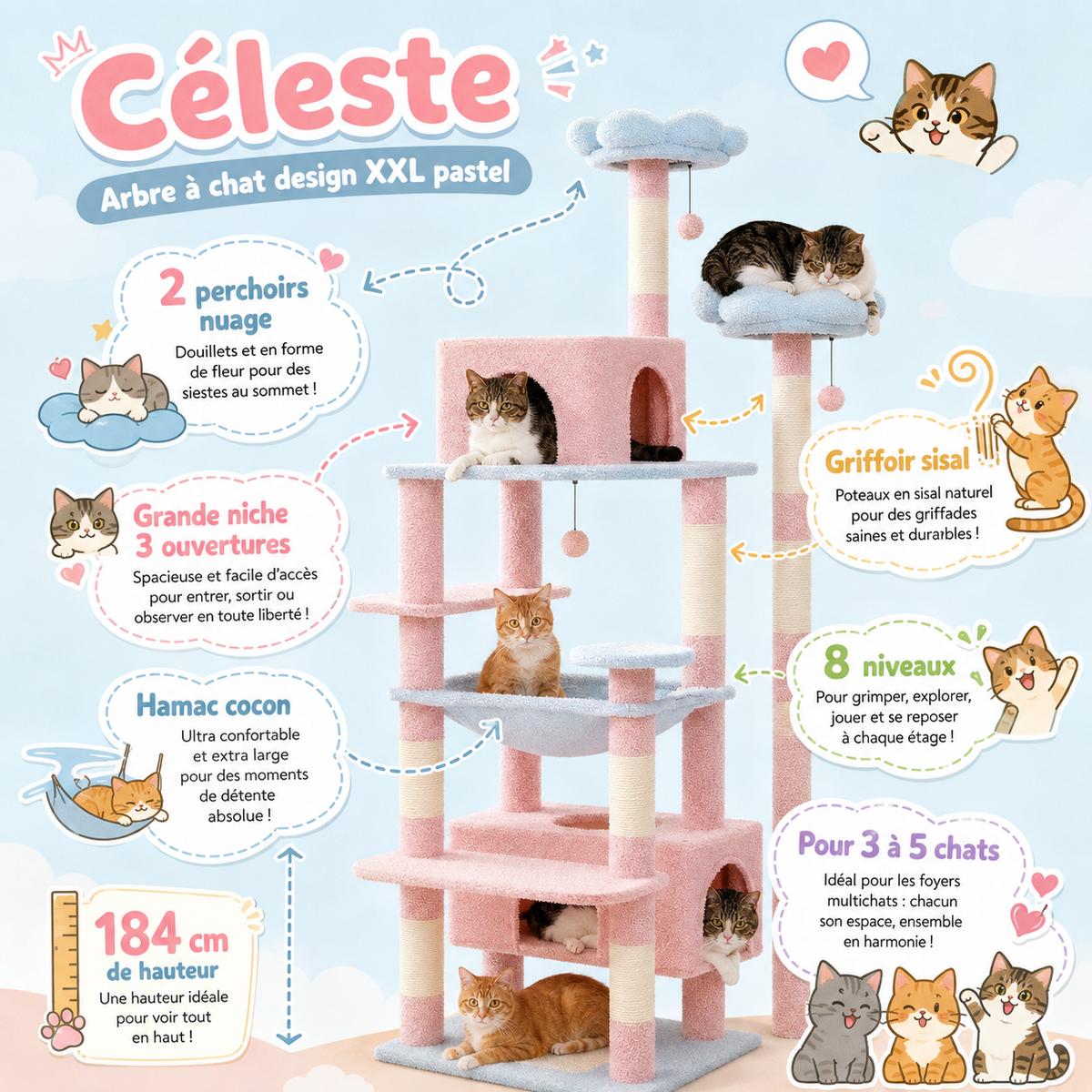 Arbre à chat design XXL pastel 184 cm | Niches et perchoirs nuage | Céleste