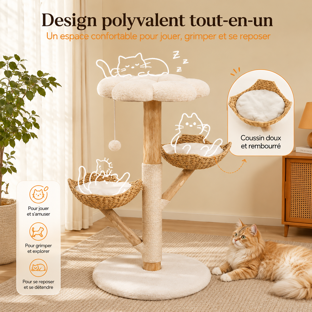 Repos, observation et griffades — Arbre à chat en bois massif design 110 cm | Coussin et griffoir | Sienna