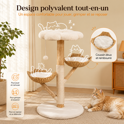 Arbre à chat en bois massif design 110 cm | Coussin et griffoir | Sienna