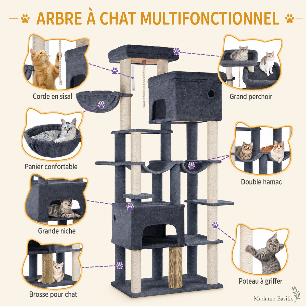 Arbre à chat XXL pour Maine Coon 200 cm | 2 niches, 2 hamacs et grand perchoir | Kodiak
