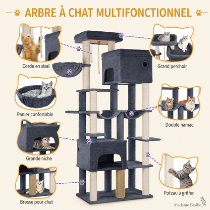 Arbre à chat XXL pour Maine Coon 200 cm | 2 niches, 2 hamacs et grand perchoir | Kodiak