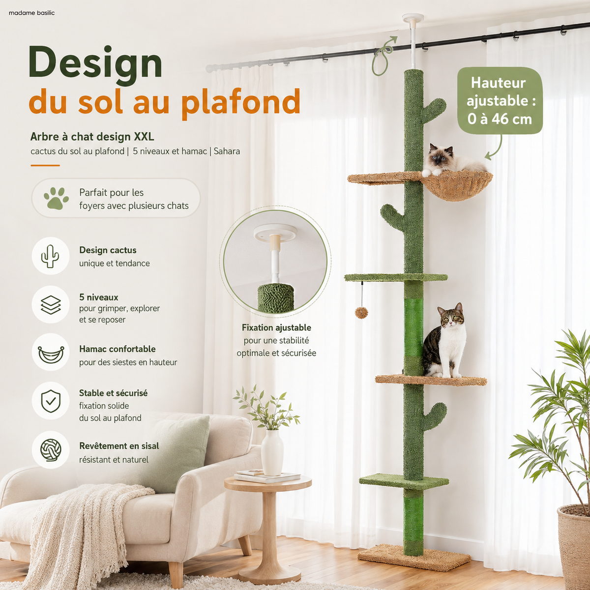 Arbre à chat design XXL cactus du sol au plafond | 5 niveaux et hamac | Sahara