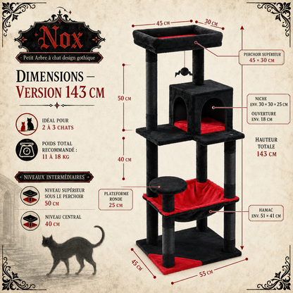Petit Arbre à chat design gothique 116 ou 143 cm | Niche et grand hamac | Nox