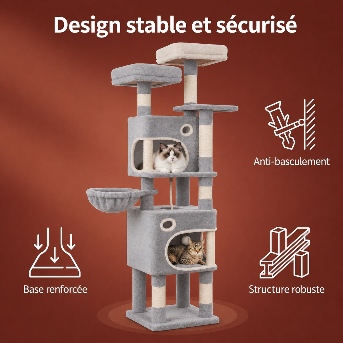 Arbre à chat 159 cm | 2 niches, panier et 8 poteaux en sisal | Rivoli