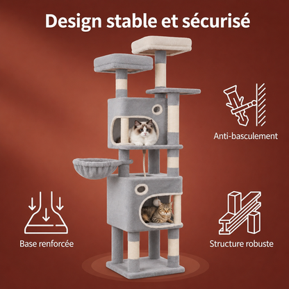 Arbre à chat 159 cm | 2 niches, panier et 8 poteaux en sisal | Rivoli