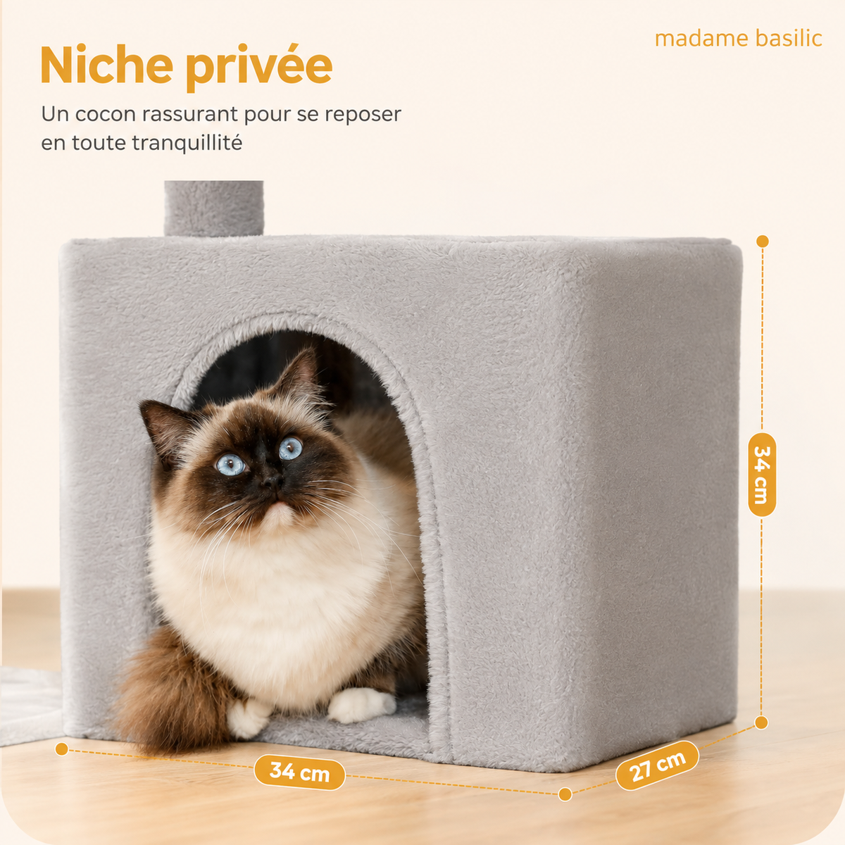 Petit arbre à chat 72 cm | Niche, panier et perchoir rembourré | Nino