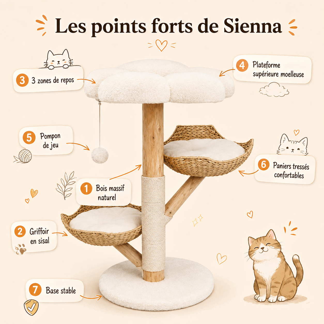 Contenu et détails — Arbre à chat en bois massif design 110 cm | Coussin et griffoir | Sienna