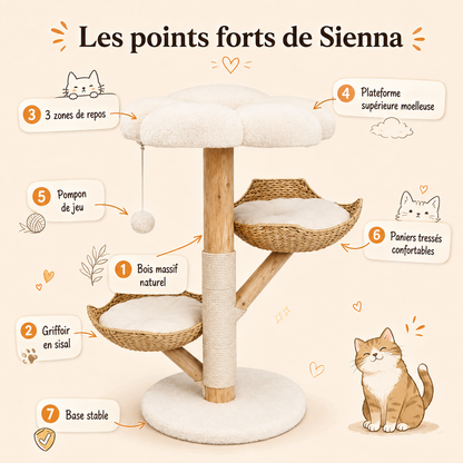 Arbre à chat en bois massif design 110 cm | Coussin et griffoir | Sienna