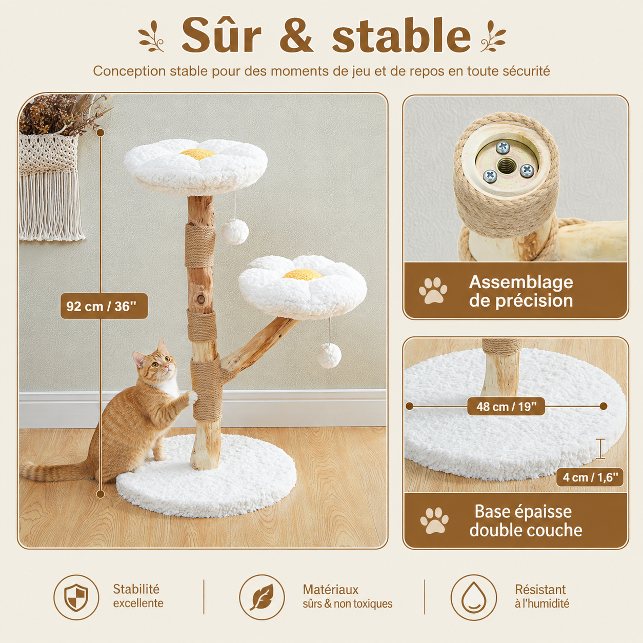 Petit arbre à chat design en bois 92 cm | 2 perchoirs fleuris et griffoir en sisal | Marguerite