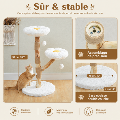 Petit arbre à chat design en bois 92 cm | 2 perchoirs fleuris et griffoir en sisal | Marguerite