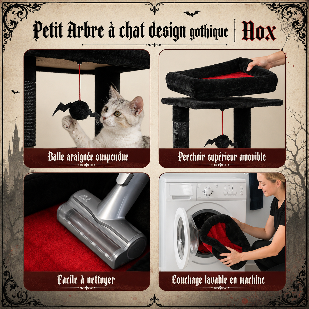 Un tapis supérieur amovible — Petit Arbre à chat design gothique 116 ou 143 cm | Niche et grand hamac | Nox