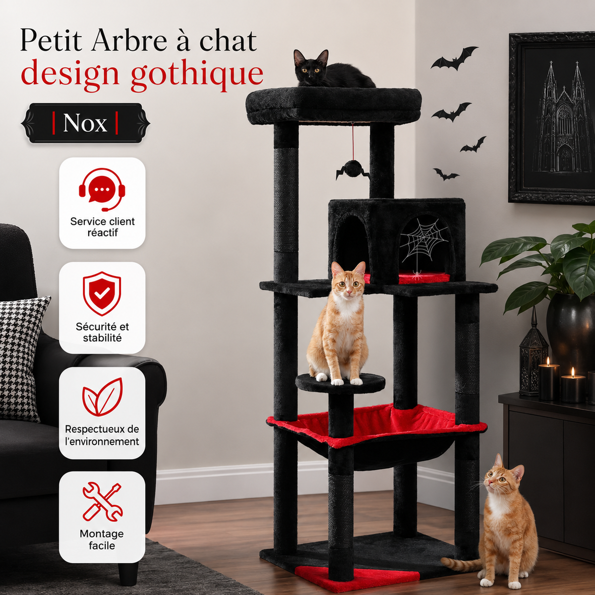 Petit Arbre à chat design gothique 116 ou 143 cm | Niche et grand hamac | Nox