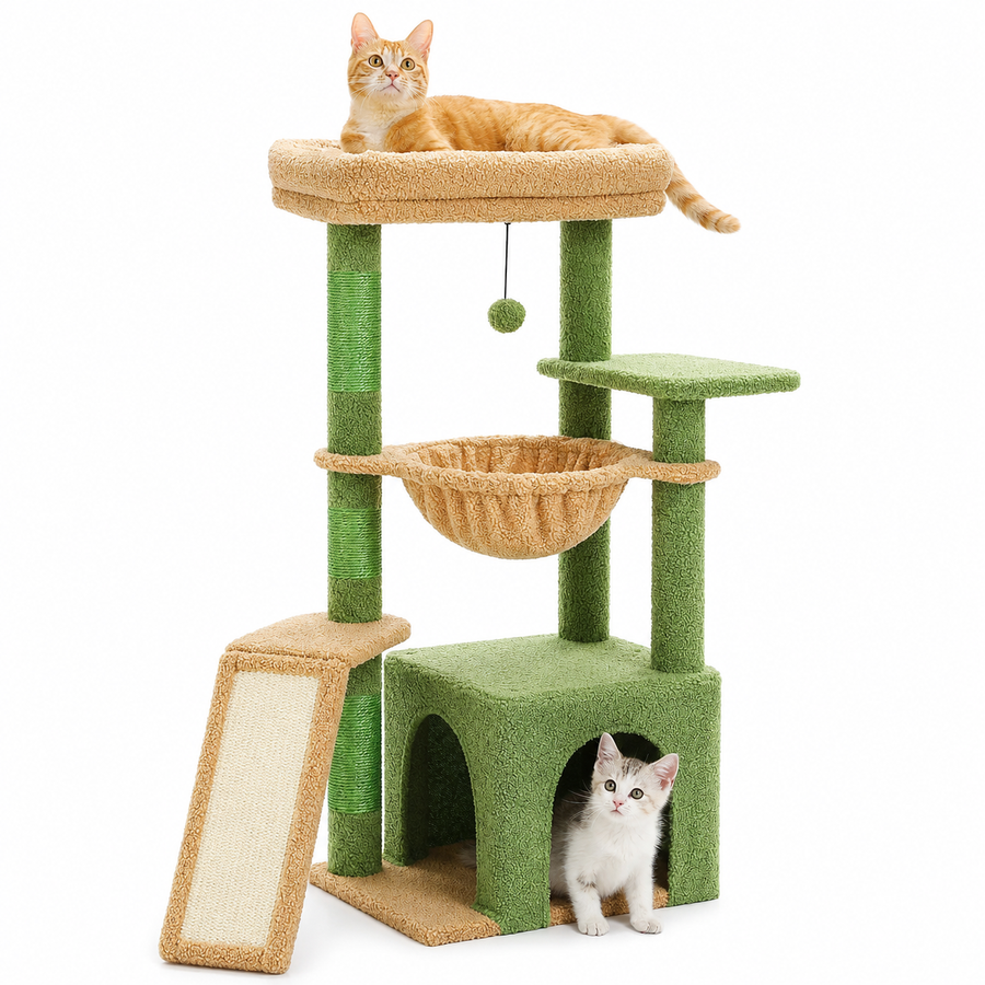 Petit arbre à chat design avec rampe | Niche, hamac et grand perchoir | Pistache