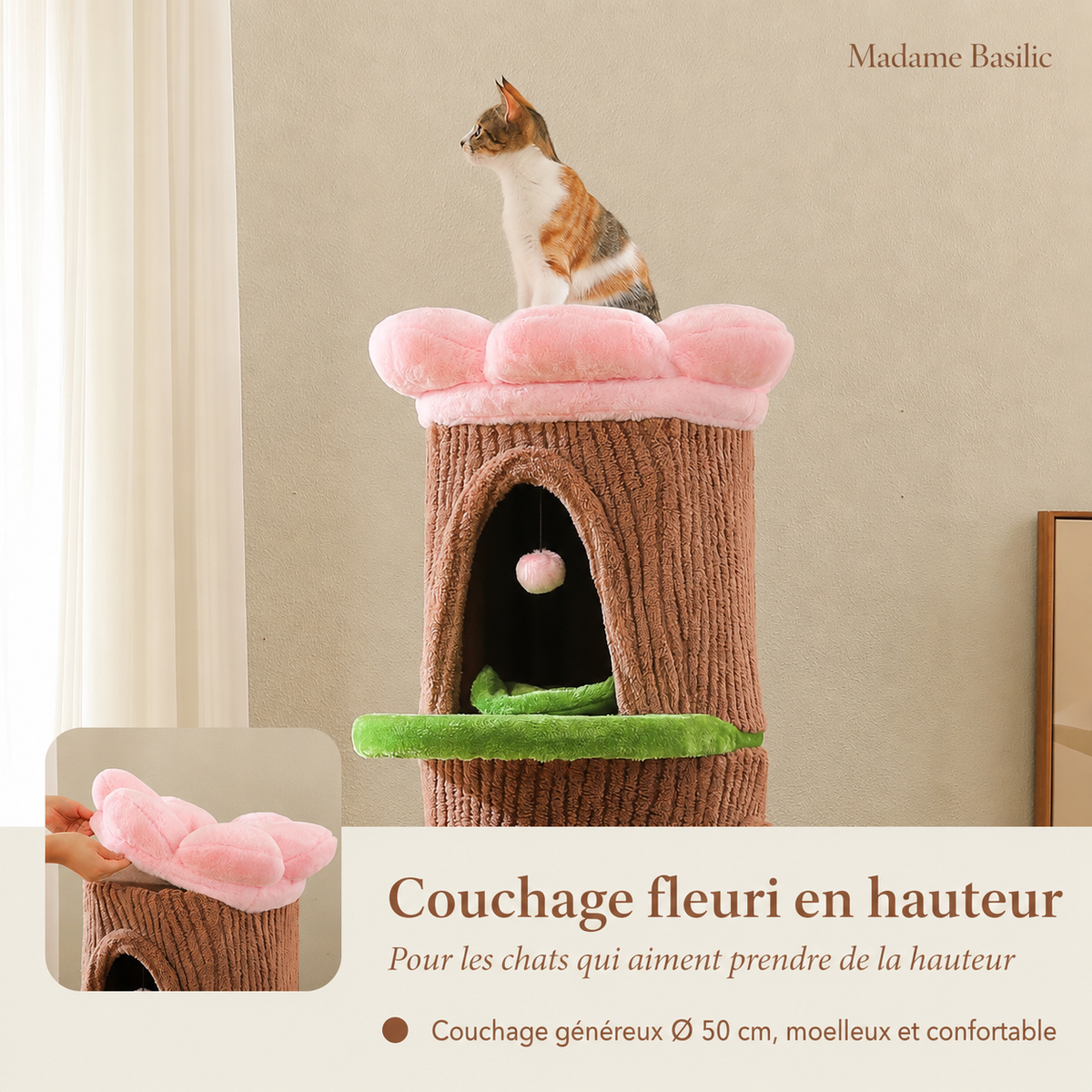 Un couchage fleur qui invite à s’étendre — Arbre à chat design XXL 174 cm | 4 niches et couchage fleur | Sylvestre