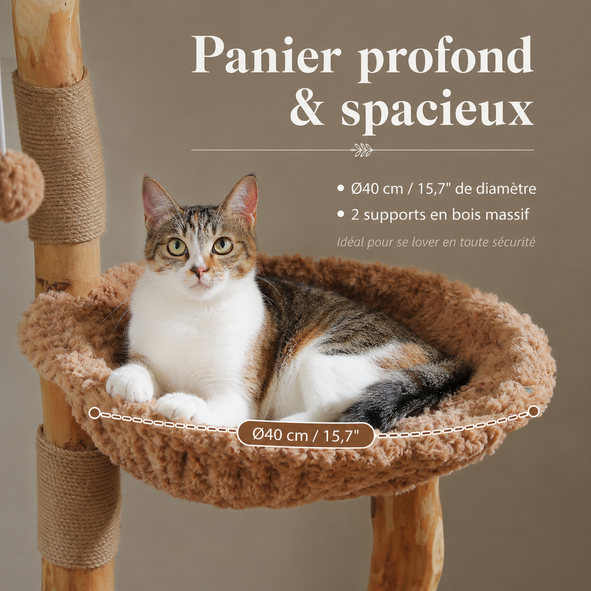 Arbre à chat design en bois floral | Paniers en osier et plateformes rembourrées | Flora