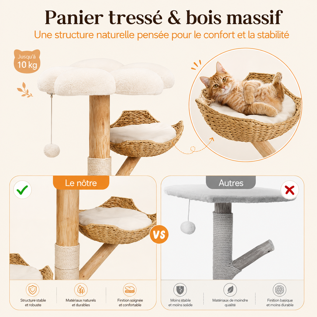 Arbre à chat en bois massif design 110 cm | Coussin et griffoir | Sienna