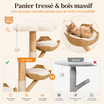 Arbre à chat en bois massif design 110 cm | Coussin et griffoir | Sienna