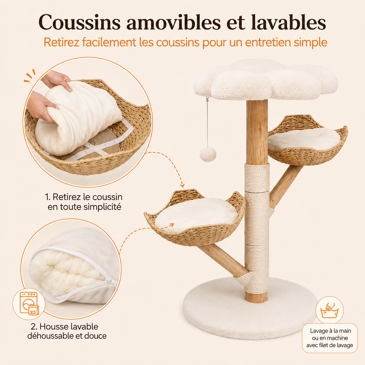Arbre à chat en bois massif design 110 cm | Coussin et griffoir | Sienna