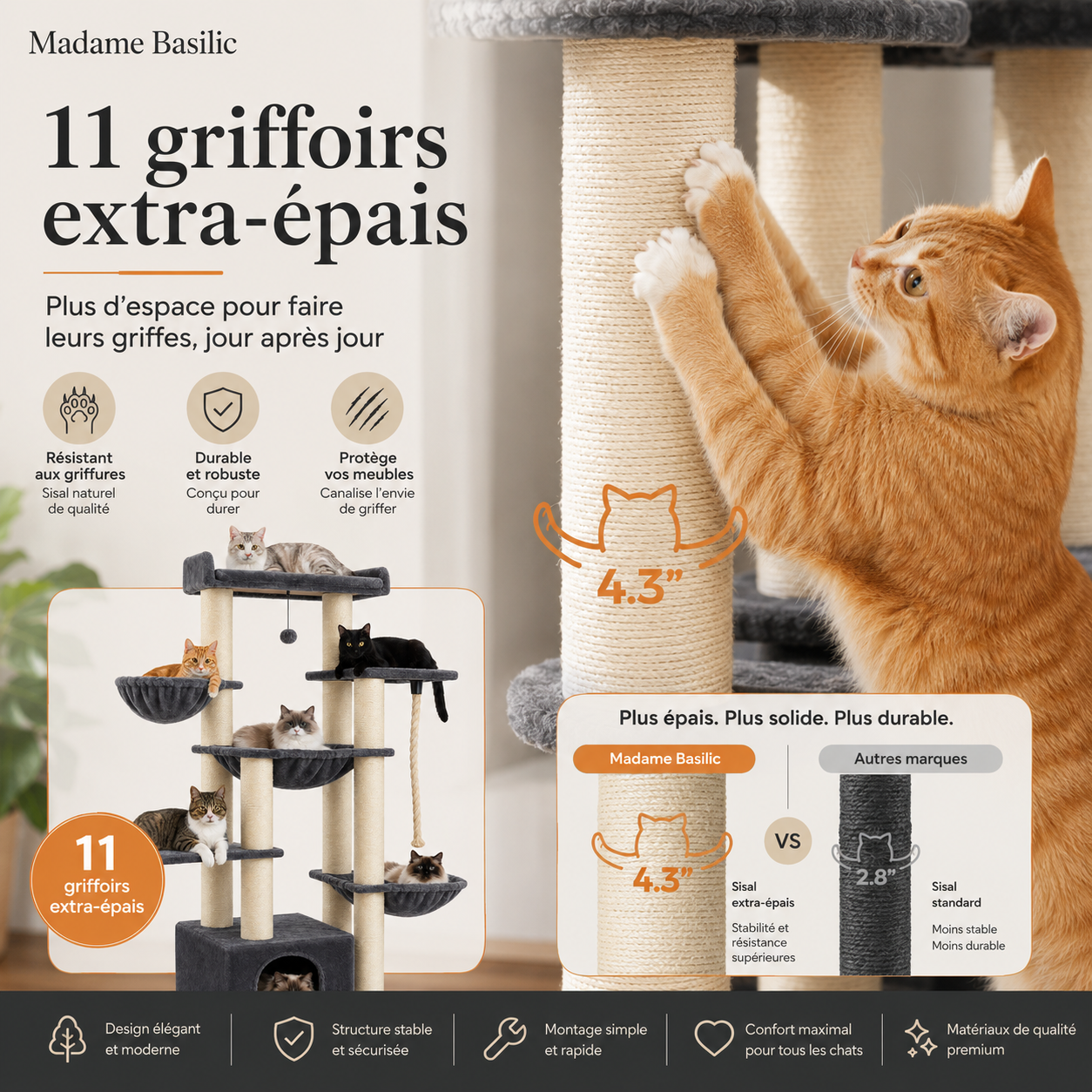 Arbre à chat XXL pour Maine Coon 170 cm | 11 griffoirs et grand hamac | Titan