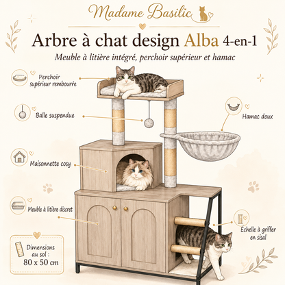 Arbre à chat design en bois avec meuble à litière intégré | Modèle 4-en-1 | Alba