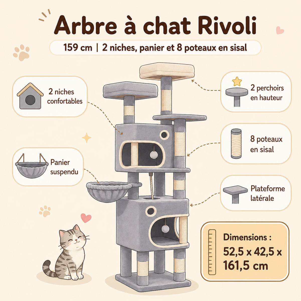 Arbre à chat 159 cm | 2 niches, panier et 8 poteaux en sisal | Rivoli