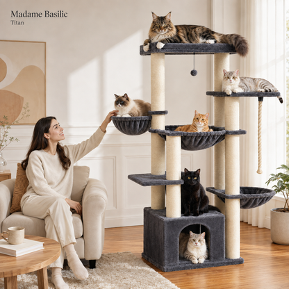 Arbre à chat XXL pour Maine Coon 170 cm | 11 griffoirs et grand hamac | Titan