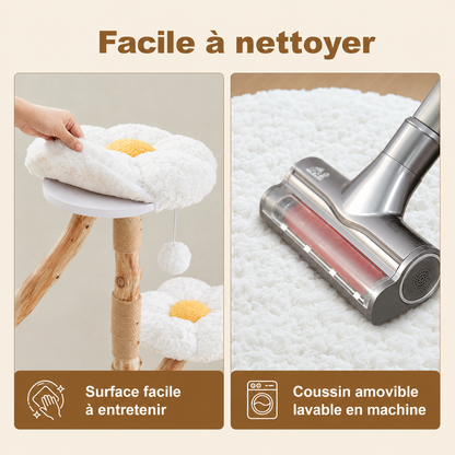 Petit arbre à chat design en bois 92 cm | 2 perchoirs fleuris et griffoir en sisal | Marguerite