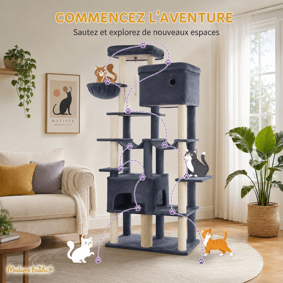 Arbre à chat XXL pour Maine Coon 200 cm | 2 niches, 2 hamacs et grand perchoir | Kodiak