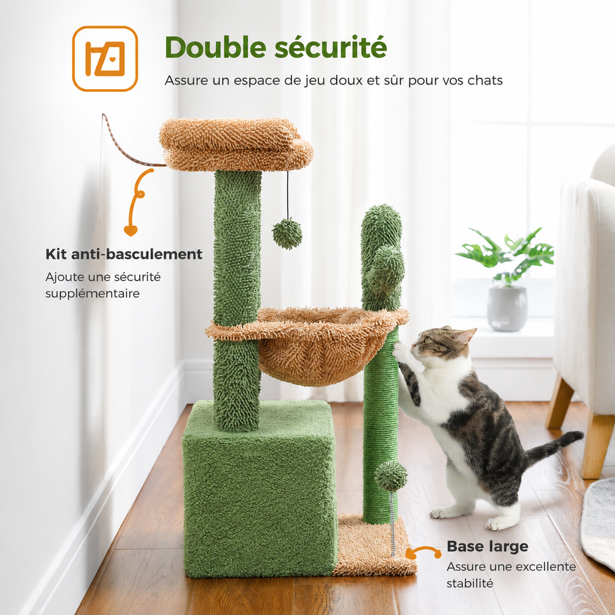 Petit arbre à chat 4-en-1 | Grande niche, hamac profond et perchoir | Cocon