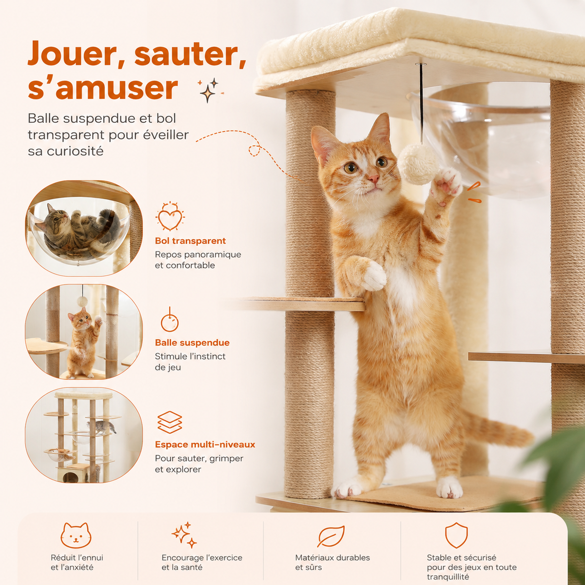 Arbre à chat en bois design multi-niveaux | Niche, hamac et grand perchoir | Bali