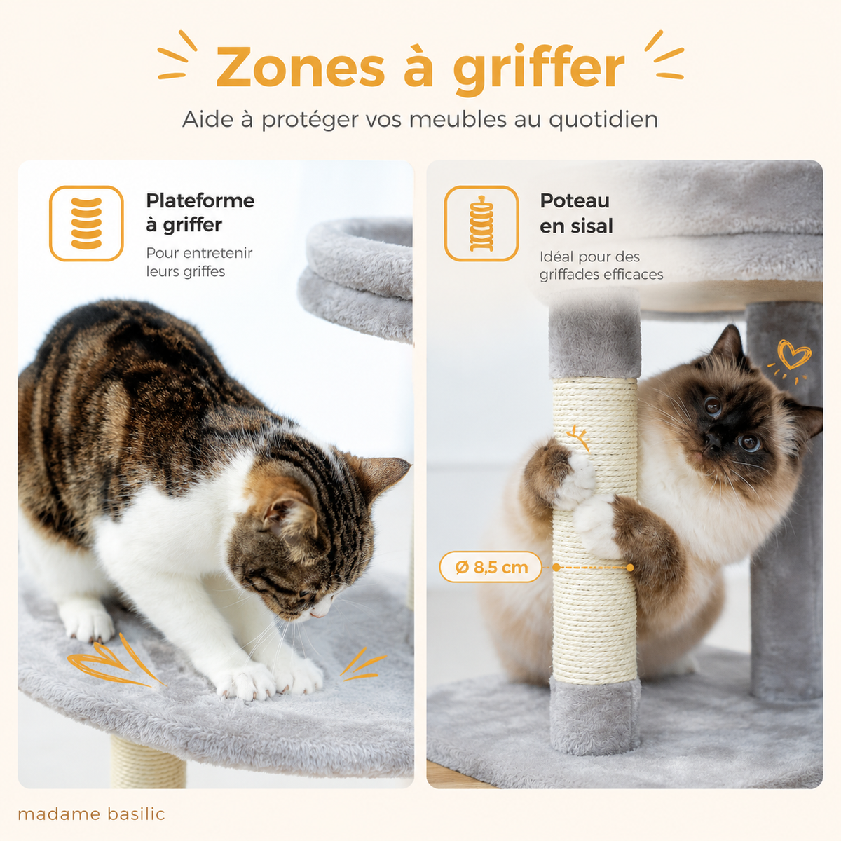 Des poteaux en sisal à portée de patte — Petit arbre à chat 72 cm | Niche, panier et perchoir rembourré | Nino