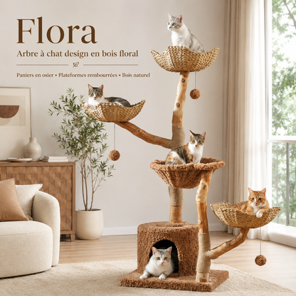 Arbre à chat design en bois floral | Paniers en osier et plateformes rembourrées | Flora
