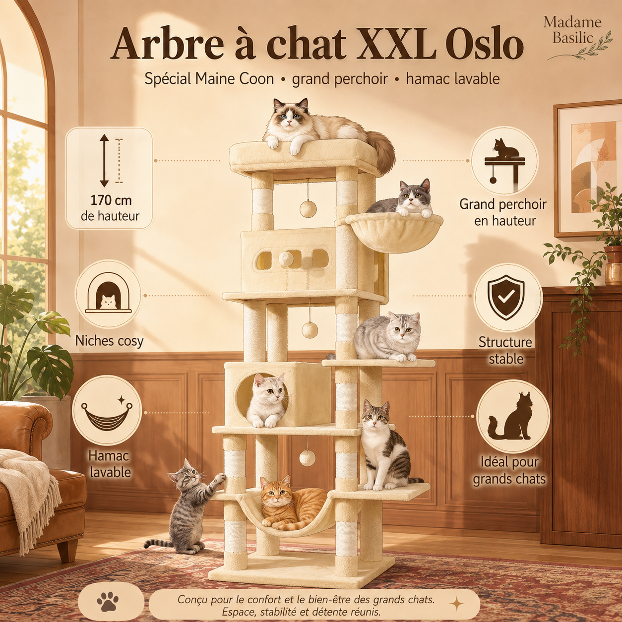 Contenu et détails — Arbre à chat XXL pour Maine Coon 170 cm | Grand perchoir et tapis lavable | Oslo