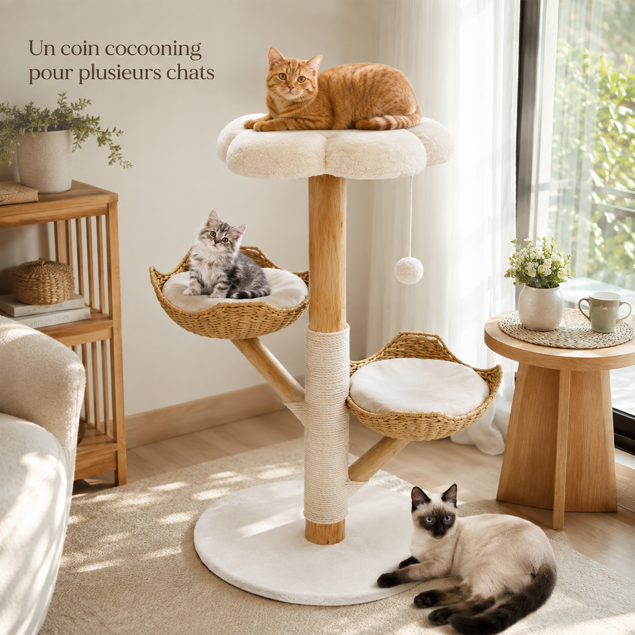 Trois paniers pour choisir sa hauteur — Arbre à chat en bois massif design 110 cm | Coussin et griffoir | Sienna
