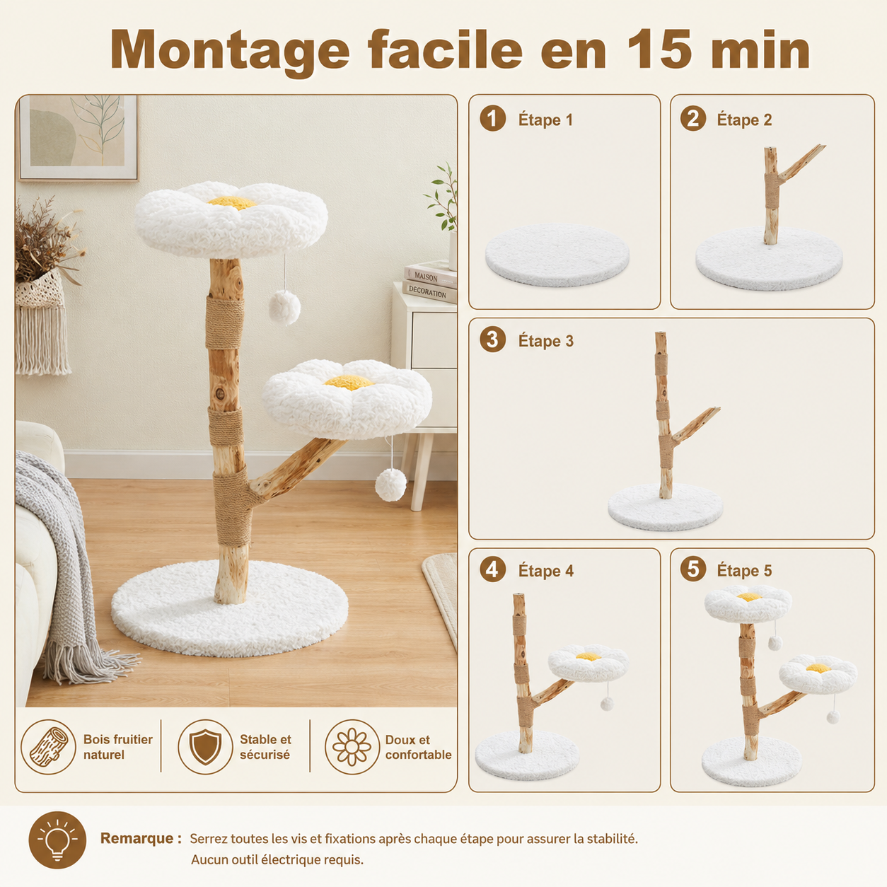 Petit arbre à chat design en bois 92 cm | 2 perchoirs fleuris et griffoir en sisal | Marguerite